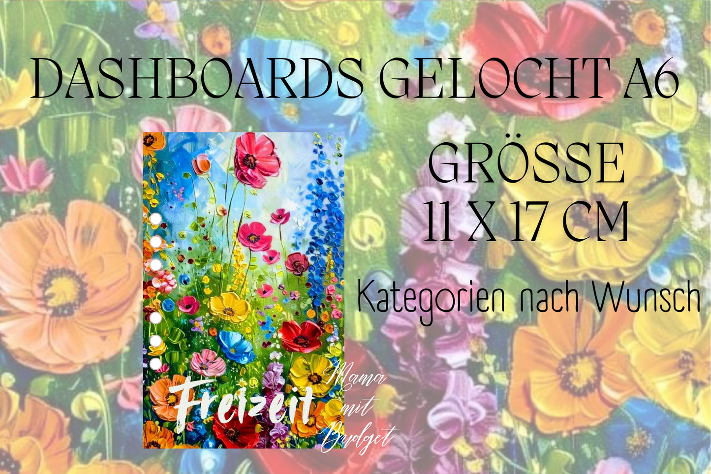 Gelochtes Dashboard für A6 - Beschriftungen nach Wunsch - Blumenwiese
